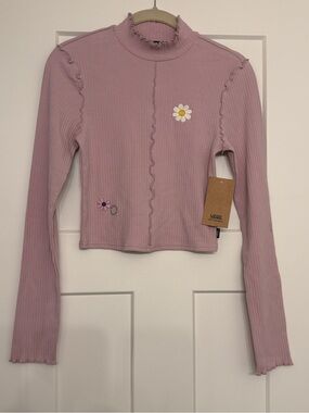 Vans NWT Floral Embroidered Ribbed Mock Neck Long Sleeve Daisy Patch Details XS